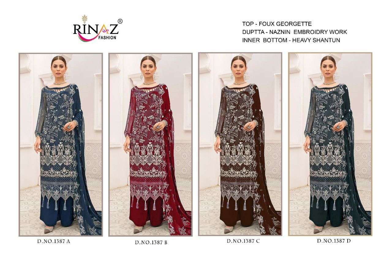RINAZ 1387 COLOURS BY RINAZ FASHION 1387-A TO 1387-D SERIES BEAUTIFUL STYLISH PAKISTANI SUITS FANCY COLORFUL CASUAL WEAR & ETHNIC WEAR & READY TO WEAR FAUX GEORGETTE EMBROIDERY DRESSES AT WHOLESALE PRICE